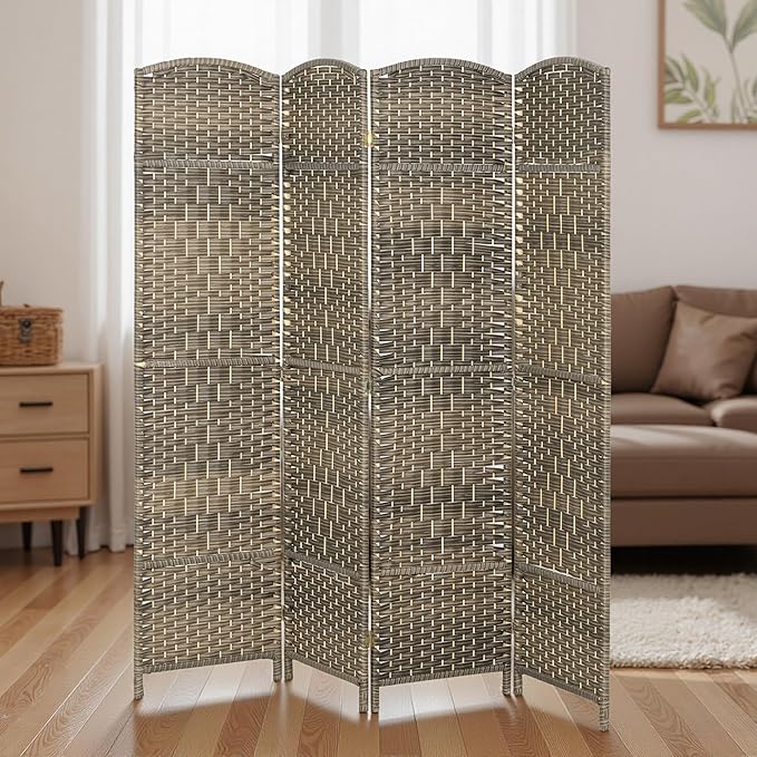 HOMCOM 4 Panel Room Divider, 6' Tall Folding Privacy Screen, Hand-Woven Freestanding Wall Partition for Home Office, Bedroom, Dark Rustic Oak