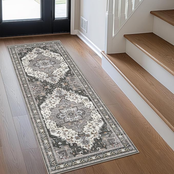 GENIMO 2X5 Hallway Runner Rug, Machine Washable Non Slip Vintage Floral Patchwork Runners, Thin Low Pile Chenille Carpet Runners for Entryway, Kitchen, Bathroom, Bedroom, Slate Gray