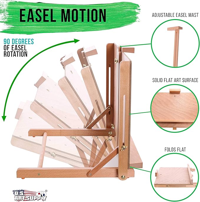 U.S. Art Supply Cancun Solid Wooden Tabletop Easel - Artist Studio Desktop Drawing Table, Portable Drafting Table, Adjustable Art Board, Tabletop Easel for Painting, Holds Up to 23" Canvas, Beechwood