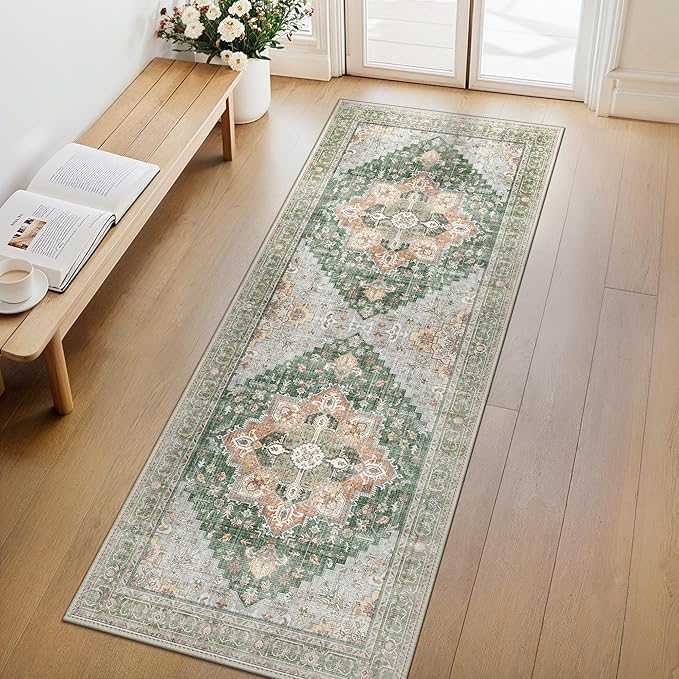 GENIMO 3x10 Runner Rugs for Hallway, Machine Washable Non Slip Vintage Rugs, Low Pile Lightweight Soft Print Rug for enrtyway, Corridor, Home Office, Kitchen,Sage Green