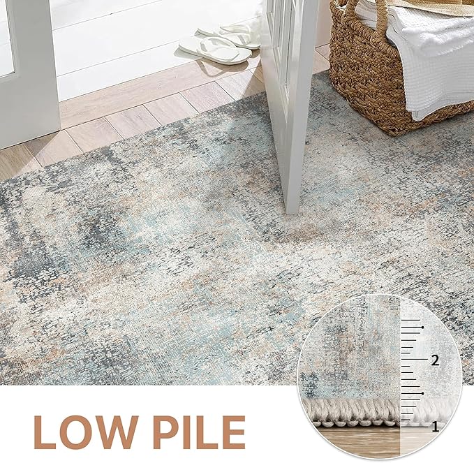 GENIMO Washable Area Rugs for Living Room, 10x14 Modern Non Slip Rugs, Low Pile Lightweight Soft Print Rug for Bedroom, Dining Room, Home Office, Washed Light Blue