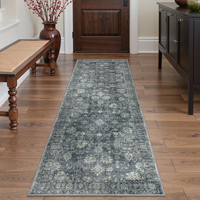 GENIMO Runner Rug 2'6''x8 Non Slip Machine Washable Vintage Hallway Runner Rug, Low Pile Lightweight Rugs for Entryway, Hallway, Kitchen and Corridor, Ashen Taupe
