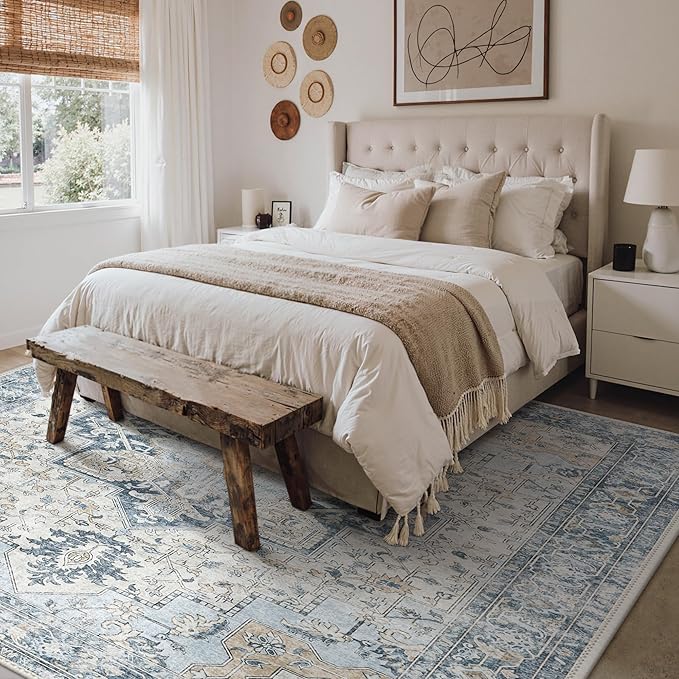 GENIMO 5x8 Area Rugs for Living Room, Machine Washable Low Pile Rugs, Chenille Non Slip Vintage Rug for Bedroom, Dining Room, Home Office, Blue