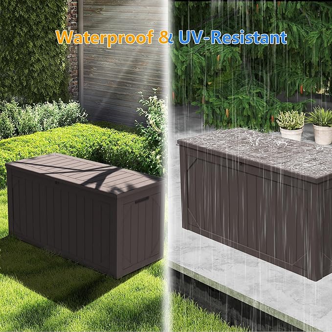 Decksplore 100 Gallon Outdoor Storage Box Waterproof, Lockable Resin Deck Box Patio Storage Bin for Pool Accessories Cushion Furniture, Garden Tools, UV-Resistant Outside Delivery, Brown