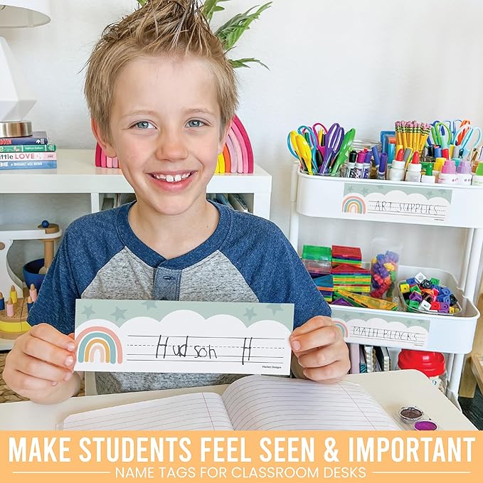 Desk Name Tags for Classroom -25 Student Name Plates for Classroom Kindergarten, Preschool, 1st, 2nd & 3rd Grade, 9x3 Teacher Nameplates for Student Desks & Cubbies, Boho Nametags