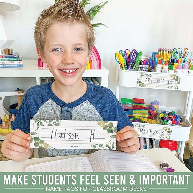Desk Name Tags for Classroom -25 Student Name Plates for Classroom Kindergarten, Preschool, 1st, 2nd & 3rd Grade, 9x3 Teacher Nameplates for Student Desks & Cubbies, Greenery Nametags
