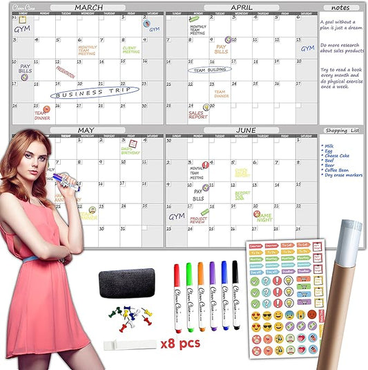 Large Dry Erase Wall Calendar - 36" x 52" Undated 4-Month Calendar for Home, Office, School - Reusable Jumbo Laminated Task Organizer