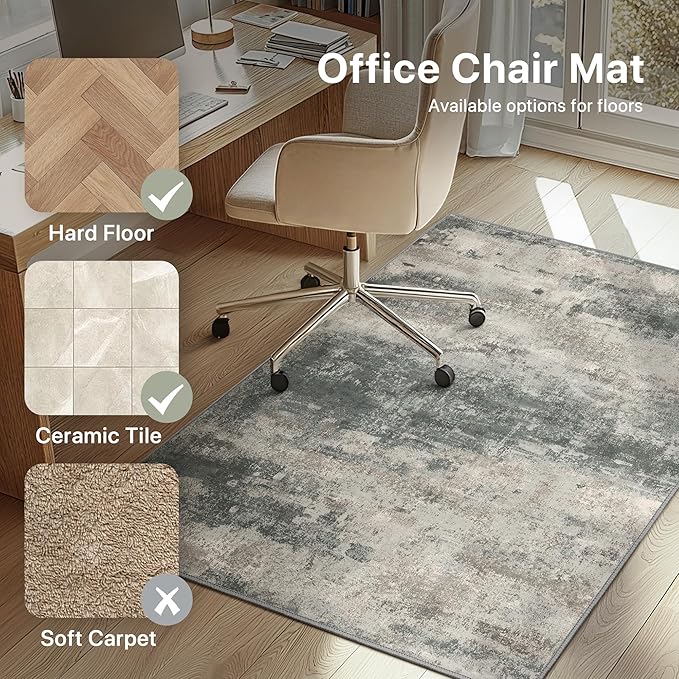 Office Chair Mat for Hardwood Tile Floor, Abstract 48"X 60" Desk Mats for Office Chair on Rolling Chairs Carpet, Desk Anti-Slip 1/5" Thick Rug for Computer Chair, Thin Low-Pile Floor Mat, Green Beige