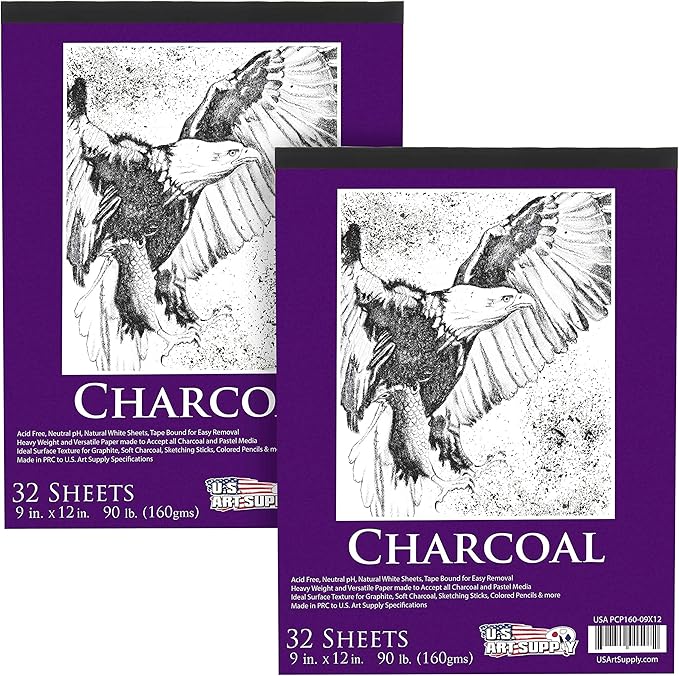 U.S. Art Supply 9" x 12" Premium Heavy-Weight Charcoal Sketchbook (2 Pack, 64 Sheets Total) - 90lb (160gsm) Sketch Book Pad for Charcoal, Pencil & Pastel Drawing