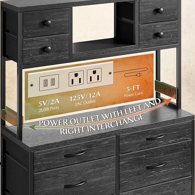 EnHomee Black Dresser with Multiple Fabric Drawers, Dresser for Bedroom with Charging Station and LED Lights,Dressers & Chests of Drawers for Bedroom, Steel Frame & Wooden Top, Entryway
