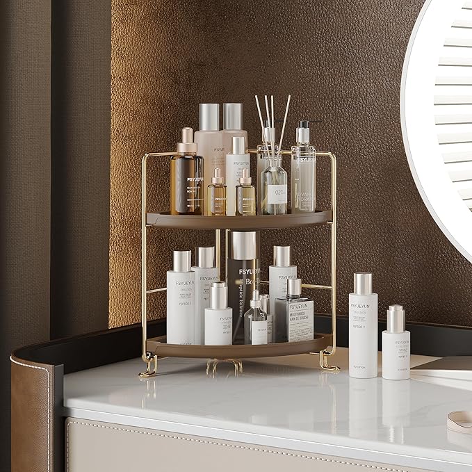FSyueyun 2-Tier Corner Bathroom Counter Organizer, Tool-Less Installation Corner Vanity Organizer Small Plastics Countertop Makeup Tray Skincare Perfume Organizers (Gold & Brown)