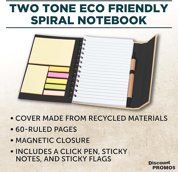 DISCOUNT PROMOS Eco Friendly Spiral Notebooks with Pens Set of 10, Bulk Pack - Perfect for School, Office, Home - Black