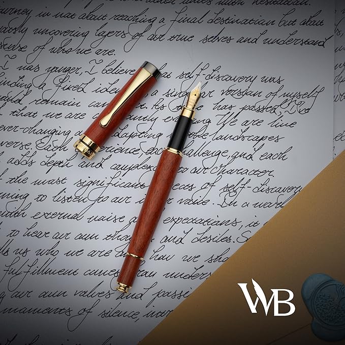 Wordsworth & Black Fountain Pen Gift Set, Includes Ink Bottle, 6 Ink Cartridges, Ink Refill Converter, 4 Replacement Nibs, Luxury Bamboo, Journaling, Calligraphy, Smooth Writing Pens [ Rosewood]