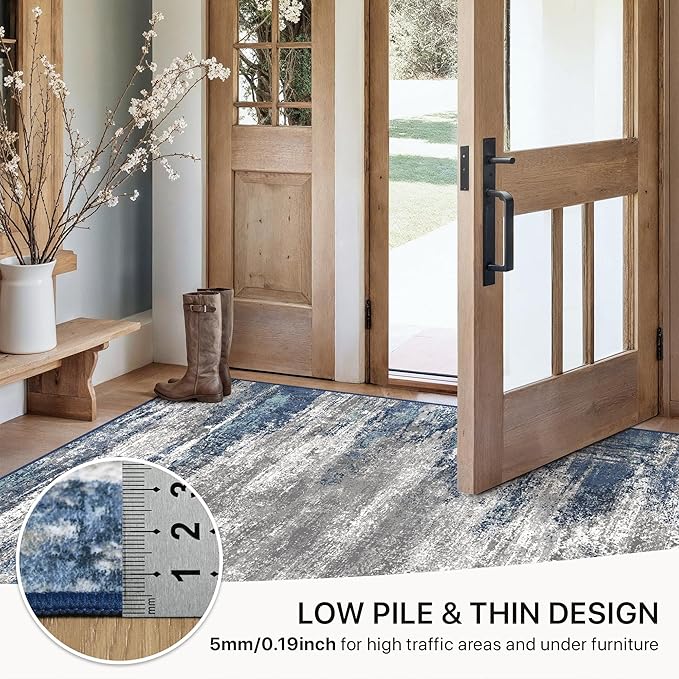 GENIMO 5x7 Area Rugs-Washable Area Rug Lightweight Low Pile, Non Slip Indoor Printed Modern Rug, Soft Pet Friendly Carpet for Living Room, Bedroom, Playroom, Blue Ivory