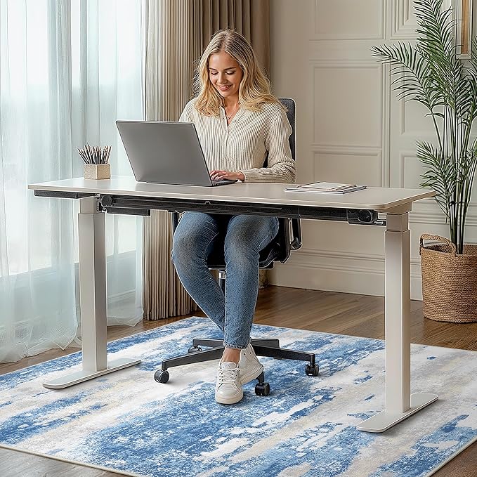 Office Chair Mat for Hardwood Tile Floor, Abstract 48"X 60" Desk Mats for Office Chair on Rolling Chairs Carpet, Desk Anti-Slip 1/5" Thick Rug for Computer Chair, Thin Low-Pile Floor Mat, Blue Cream