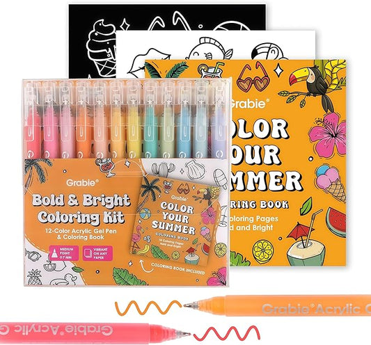 Grabie 12Colors Acrylic Gel Pens&Coloring Book, Medium Point Colored Gel Pens, Acrylic Gel Ink Pen Assorted Colored for Drawing, Note Taking, Bold&Bright Coloring Kit, Set of 12 (Summer Colors)