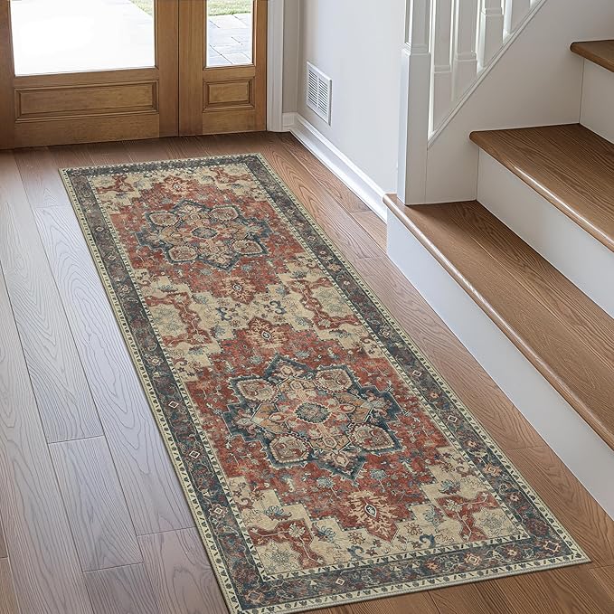 GENIMO 2'6''x8 Runner Rugs for Hallway, Machine Washable Non Slip Vintage Rugs, Low Pile Lightweight Soft Print Rug for enrtyway, Corridor, Home Office, Kitchen, Bordeaux