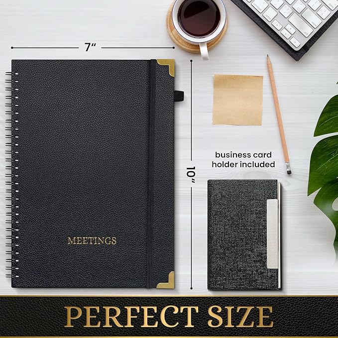 Meeting Notebook Set for Work – 3 Piece PU Leather Business Notebook with Pen & Card Holder, Professional Planner 7”x10”, Black with Gold Corners