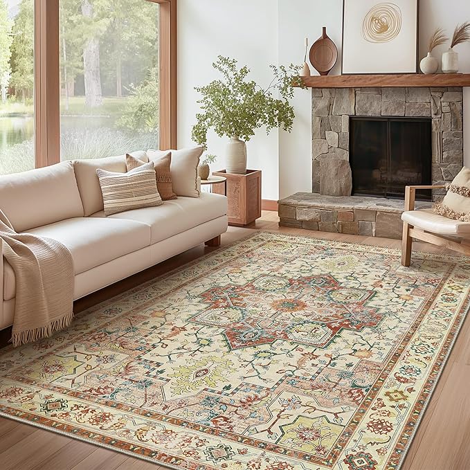 GENIMO 8x10 Area Rugs for Living Room, Machine Washable Non Slip Vintage Retro Rugs, Low Pile Lightweight Chenille Print Rug for Bedroom, Dining Room, Home Office,Floral Blossom