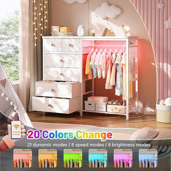 EnHomee 49.2" W White Dresser for Bedroom with Hanging Rack, 6 Drawers Dresser with LED Lights & Charging Station, Fabric Dressers & Chest of Drawers with Grid Panel & 4 Hooks, Wooden Top