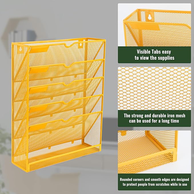 EASEPRES 6 Tier Mesh Hanging Wall File Organizer, Desk Vertical Mail Paper Document Folder Holder Rack with Bottom Tray and Nametag Label for Office Home School, Yellow