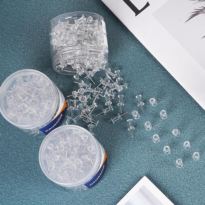 DANRONG 1600 PCS Clear Push Pins, Standard Thumb Tacks for Bulletin Board, Steel Point and Clear Plastic Head, Pin Tacks for Wall Cork Board Maps Photos Calendar Hangings, Office School Supplies