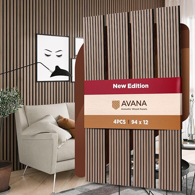 Avana Acoustic Wood Wall Panels – 94.4 x 12.6 Inch Smoke Walnut Acoustic Panels 4 PCs – Wall Panels For Interior Wall Decor For Homes, Offices, Studios – Pleasing Wood Panels For Wall