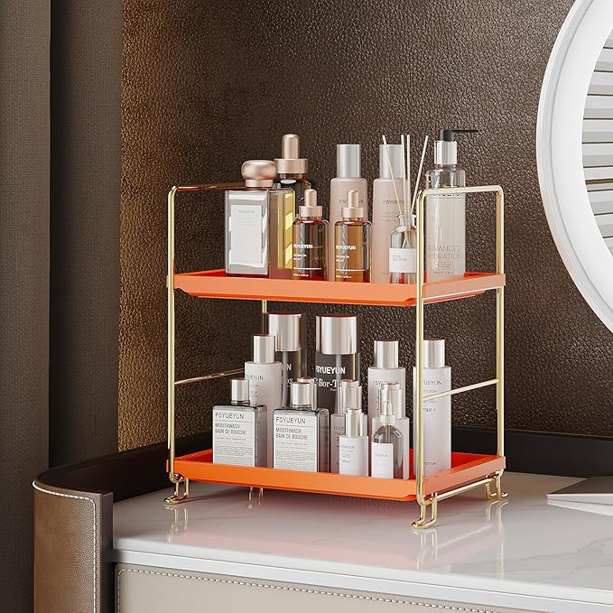 FSyueyun 2-Tier Bathroom Countertop Organizer,Bathroom Organizers and Storage with Tool-Less Installation, Premium Plastics for Makeup, Perfume, Skincare on Dresser Vanity Tray(Gold & Orange)