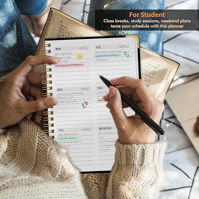Undated Weekly Planner with Metal Corner Hardcover Notebook , A5 Size Journal with To Do List Planner, Habit Tracker,Weekly Goals for ADHD,Student, Office, Women, Men ,Gifts,6 x 8 inches，Spiral Bindding ,Black