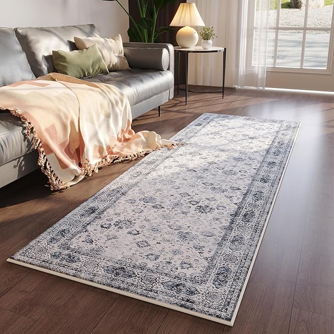 Rugcomf Runner Rug 2'6''x8' Hallway Washable Boho Soft Area Rug Non-Slip Faux Wool Vintage for Kitchen, Entryway, Laundry, Bedroom, Indoor (Grey and White)