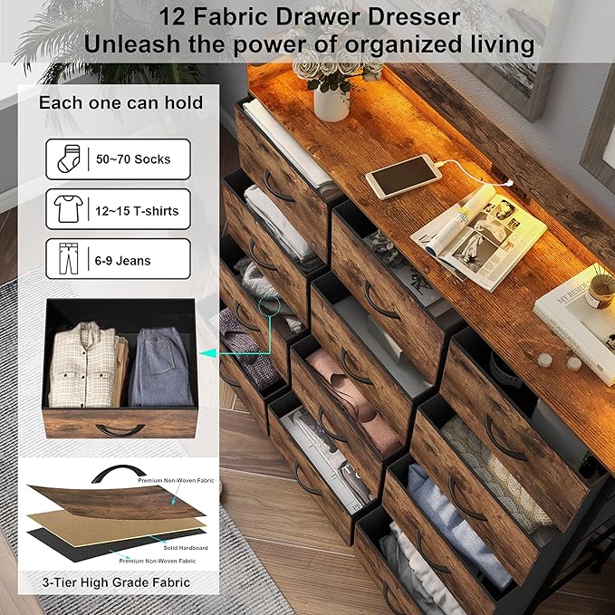 Welfuturer Dresser for Bedroom with 12 Drawers Clothes Dresser with Charging Station and LED Light Fabric Storage Tower for Living Room Hallway Closet Sturdy Steel Frame Wooden Top Rustic Brown