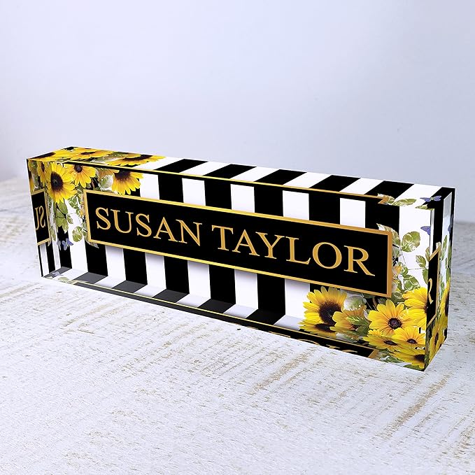 Artblox Office Desk Name Plate Personalized | Custom Name Plates on Acrylic Glass Decor | Office Desk Decor - Sunflowers Design - (8"x2.5")