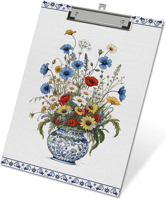 APIILVPQ Floral Clipboard, Vintage Blue Clipboards with Low Profile Clip for Office School Use, Chinoiserie Wooden Clip Boards for Nurses Teachers Students - A09