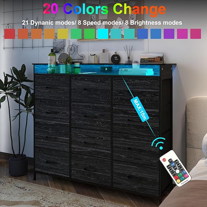Welfuturer Black Dresser with LED Light 12 Drawers Dresser with Charging Station Dressers for Bedroom with 12 Fabric Drawers for Bedroom Hallway Entryway Closets Sturdy Steel Frame Wood Top Black