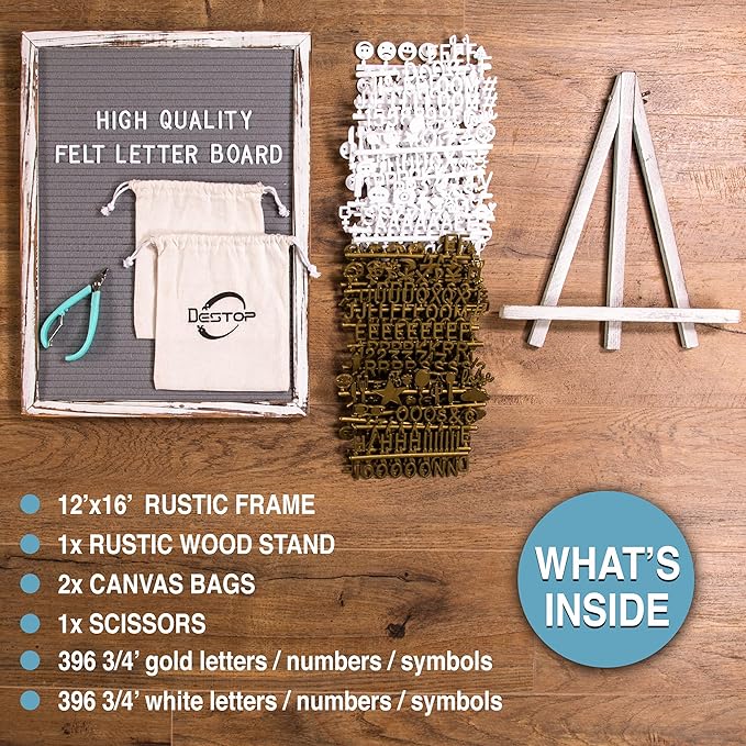 Felt Board With Rustic Vintage Frame and Stand 12x16 Inch, Grey Changeable Message Board Includes 792 Letters, Numbers and Symbols, Hook to Hang, 2 Canvas Bags