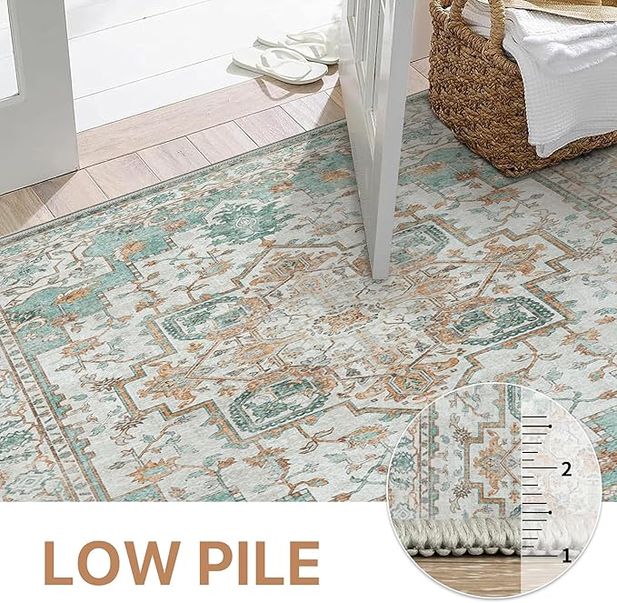 GENIMO 10x12 Area Rugs for Living Room, Machine Washable Non Slip Vintage Rugs, Low Pile Lightweight Chenille Print Rug for Bedroom, Dining Room, Home Office, Cyan