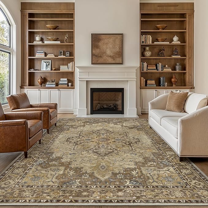 GENIMO 6x9 Area Rugs for Living Room, Machine Washable Non Slip Vintage Rugs, Low Pile Lightweight Chenille Print Rug for Bedroom, Dining Room, Home Office, Rustic Brown