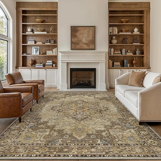GENIMO 6x9 Area Rugs for Living Room, Machine Washable Non Slip Vintage Rugs, Low Pile Lightweight Chenille Print Rug for Bedroom, Dining Room, Home Office, Rustic Brown