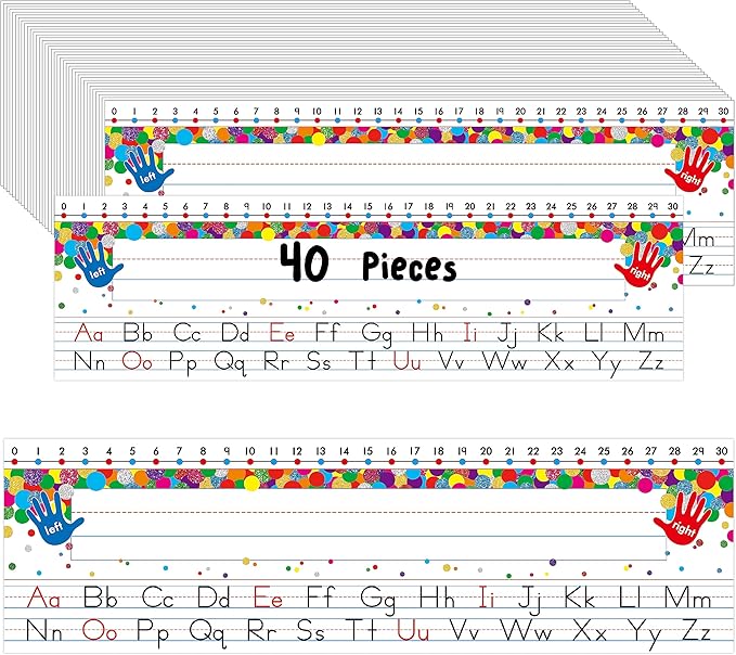 40 PCS Desk Nameplates, Waterproof Confetti Desk Name Tags with Alphabet, Number Line 1-30 Erasable and Reusable Traditional Manuscript Name Plate for Classroom School Student (12” x 3.5”)