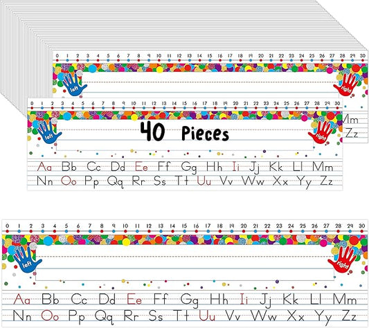 40 PCS Desk Nameplates, Waterproof Confetti Desk Name Tags with Alphabet, Number Line 1-30 Erasable and Reusable Traditional Manuscript Name Plate for Classroom School Student (12” x 3.5”)