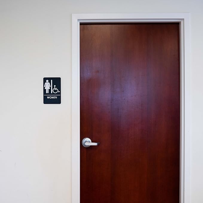 USA Made - Men's and Women's Restroom Signs ADA-Compliant Bathroom Door Signs for Offices, Businesses, and Restaurants, Black, Blue, Grey and Taupe/Tan Colors (Black Handicap)
