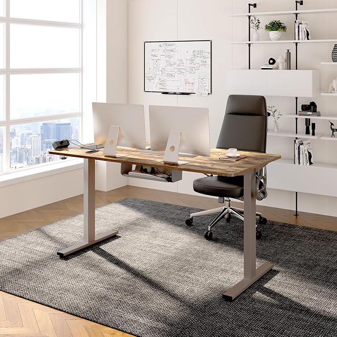 FLEXISPOT EN2 Whole-Piece Standing Desk with Clamp Power Strip, 55 x 28 Electric Stand Up Height Adjustable Desk with Cable Management (Gray Frame + 55" Rustic Brown Desktop, 2 Packages)