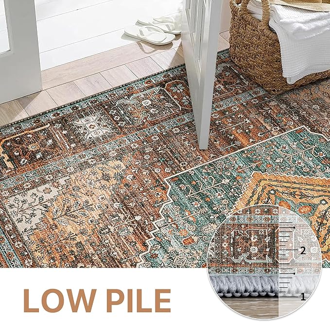 GENIMO 2x10 Runner Rugs for Hallway, Machine Washable Non Slip Vintage Rugs, Low Pile Lightweight Soft Print Rug for enrtyway, Corridor, Home Office, Kitchen, Vintage Brown/Blue