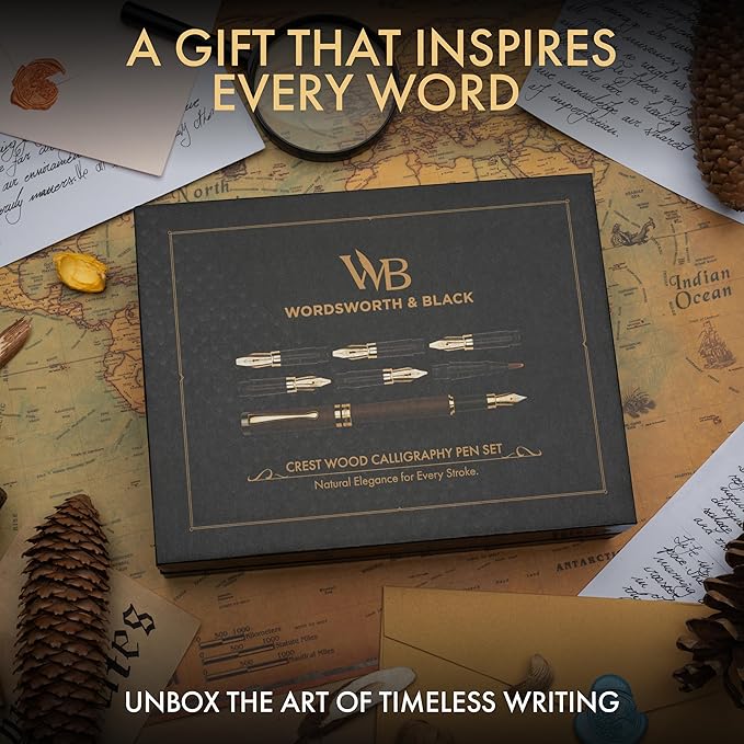 Wordsworth & Black Calligraphy Pen Gift Set, Includes Ink Bottle, 6 Ink Cartridges, Ink Refill Converter, 6 Replacement Nibs, Luxury Bamboo, Journaling, Smooth Writing Pens [Brown Wood]