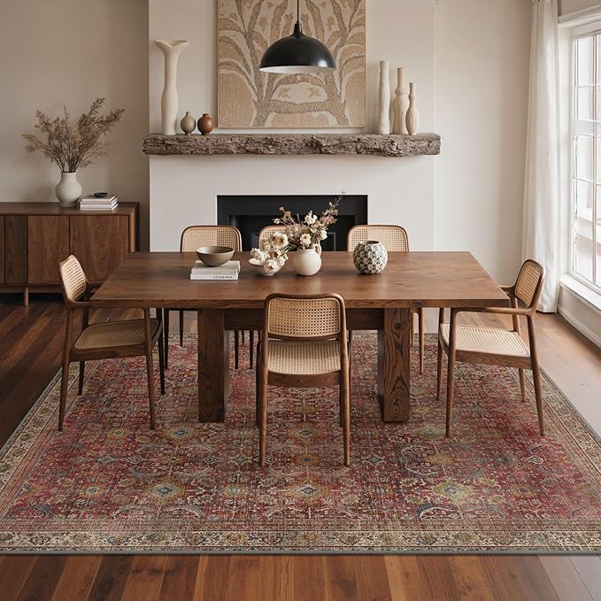 GENIMO 6x9 Area Rugs for Living Room, Machine Washable Non Slip Vintage Rugs, Low Pile Lightweight Chenille Print Rug for Bedroom, Dining Room, Home Office, Mocha Brick