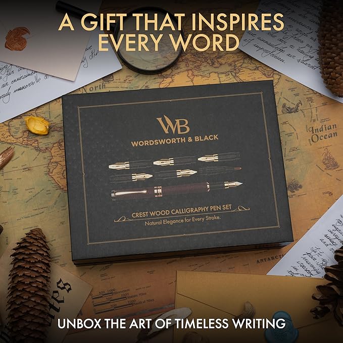 Wordsworth & Black Calligraphy Pen Gift Set, Includes Ink Bottle, 6 Ink Cartridges, Refill Converter, 6 Replacement Nibs, Luxury Bamboo, Journaling, Smooth Writing Pens [Violet Wood]