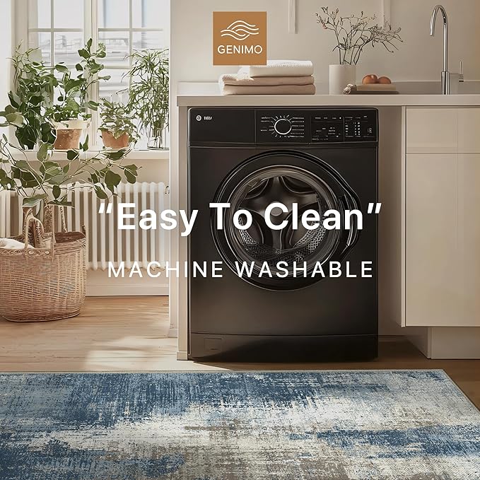 GENIMO Washable Area Rugs for Living Room, 10x12 Modern Non Slip Rugs, Low Pile Lightweight Soft Print Rug for Bedroom, Dining Room, Home Office, Washed Slate Blue
