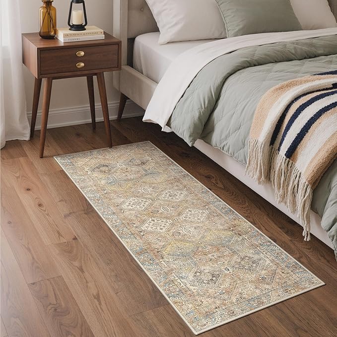 GENIMO Runner Rug 2x7 Non Slip Machine Washable Hallway Runner Vintage Rug, Low Pile Lightweight Rugs for Entryway, Hallway, Kitchen and Corridor, Warm Brown