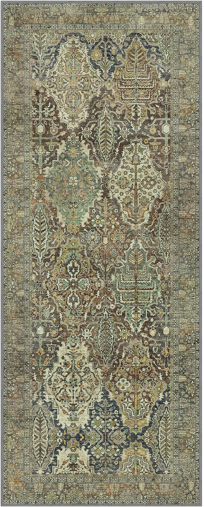 GENIMO Runner Rug 2x7 Machine Washable Non Slip Vintage Hallway Runner Rug, Low Pile Lightweight Rugs for Entryway, Hallway, Kitchen and Corridor, Bronze Olive
