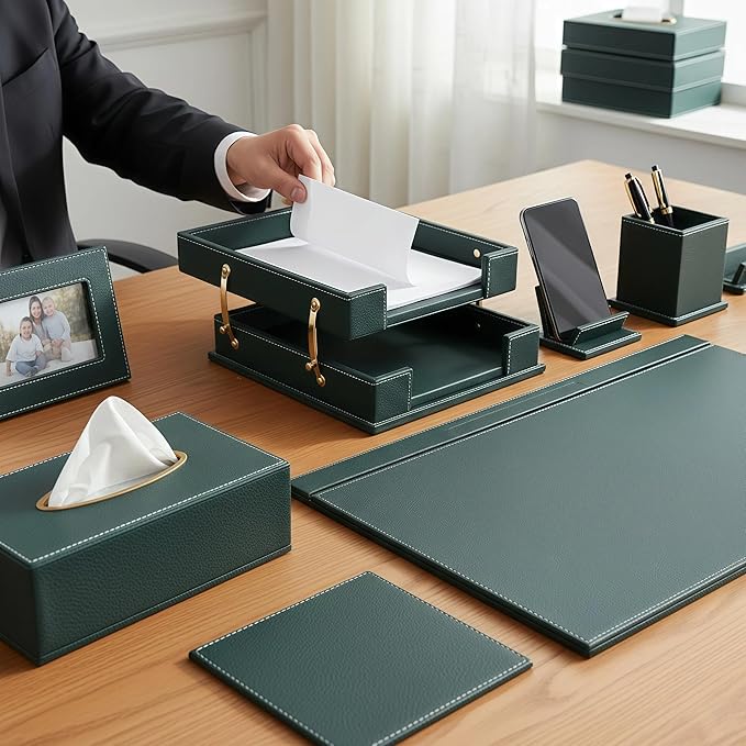 RitPin Desk Set, 11-Piece All-in-One – Executive Desk Accessories & Office Supplies, Leather Desk Organizer with Desk Pad & Blotter, 2-Tier Letter Tray, Luxury Office Desk Decor & Boss Gifts (Green)